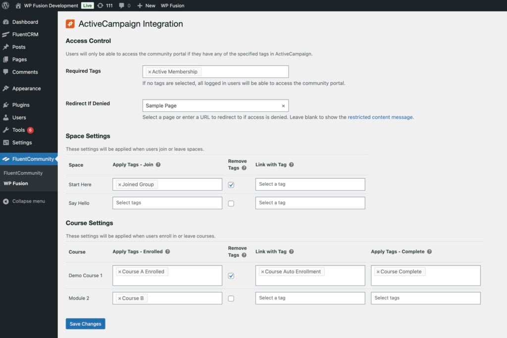 Screenshot of WP Fusion's FluentCommunity settings