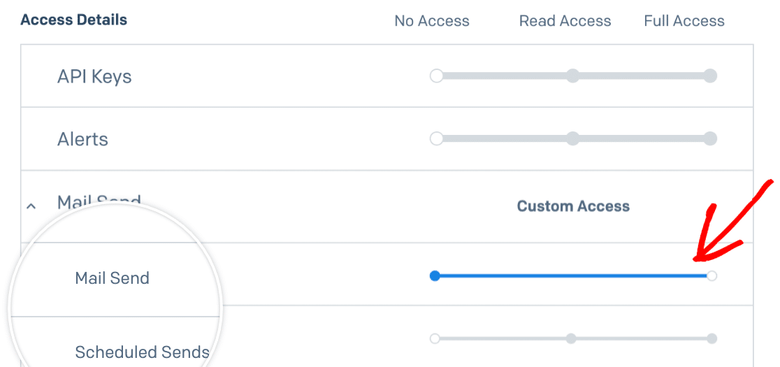 Checking that mail send permissions are set to full access in SendGrid