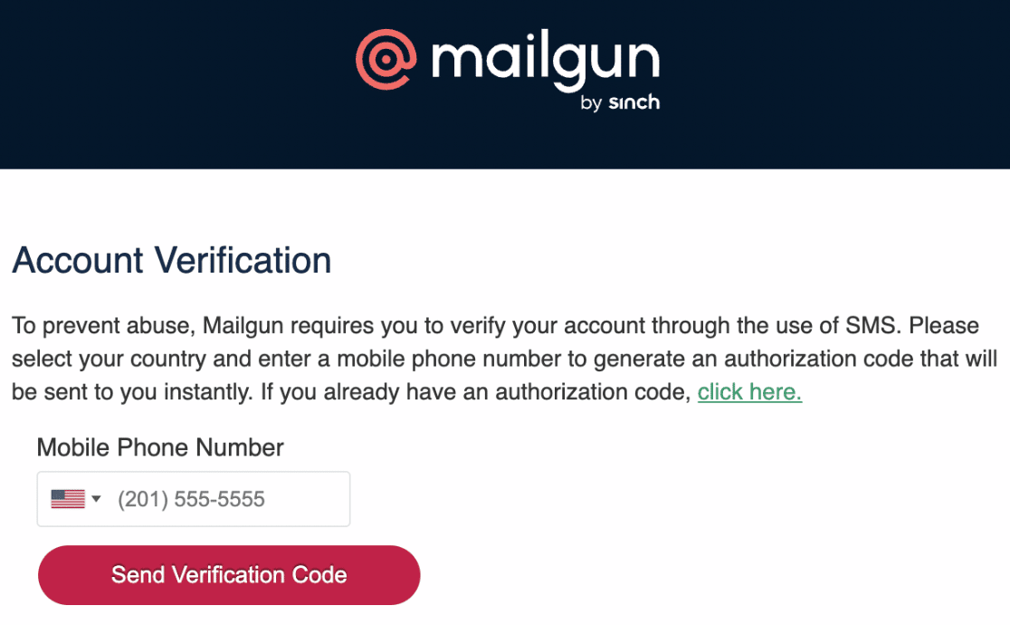 Send mobile verification code for Mailgun account