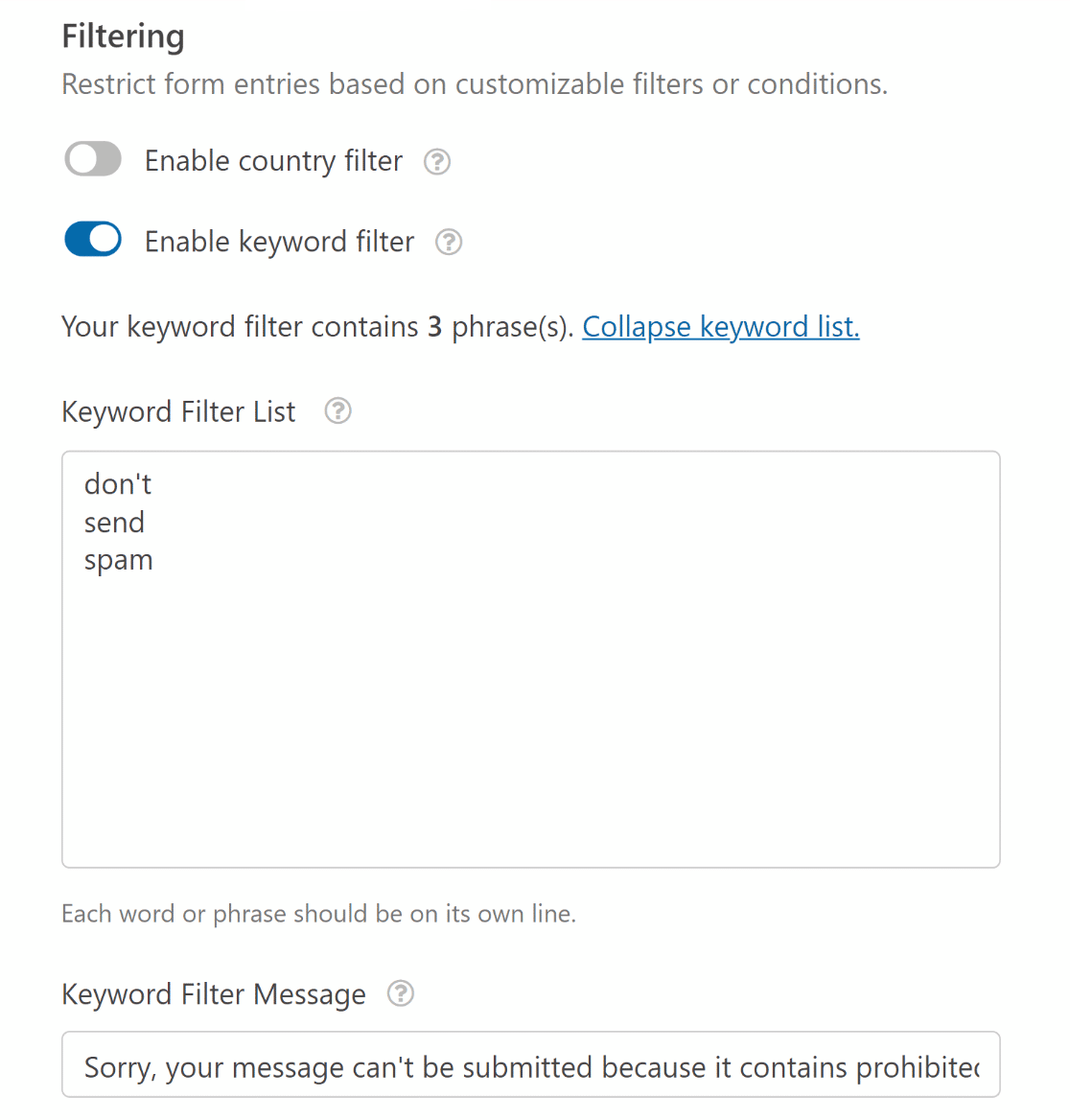 WPForms keyword filtering settings