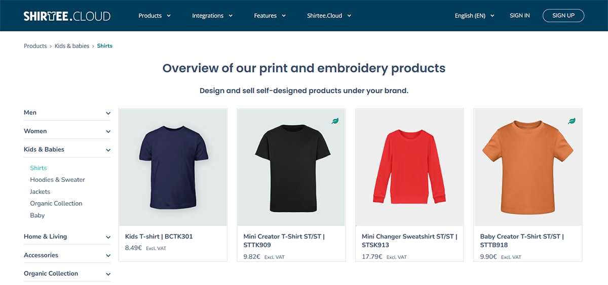 Screenshot of a webpage showing a selection of shirts. Includes navy, black, red, and orange t-shirts for kids and babies. The page is from Shirtee.Cloud, featuring print and embroidery options for personalized products.