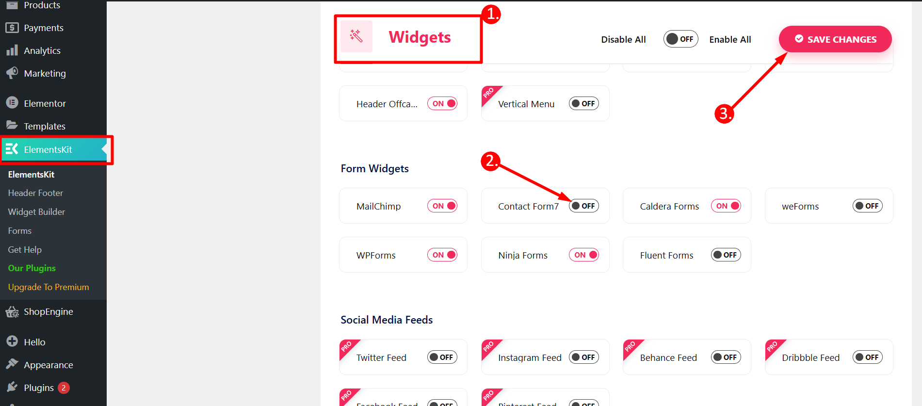 Habilitar el widget del formulario de contacto 7 de ElementsKit
