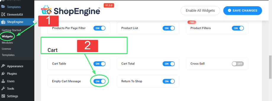 habilite o widget de mensagem de carrinho vazio na lista de widgets de carrinho