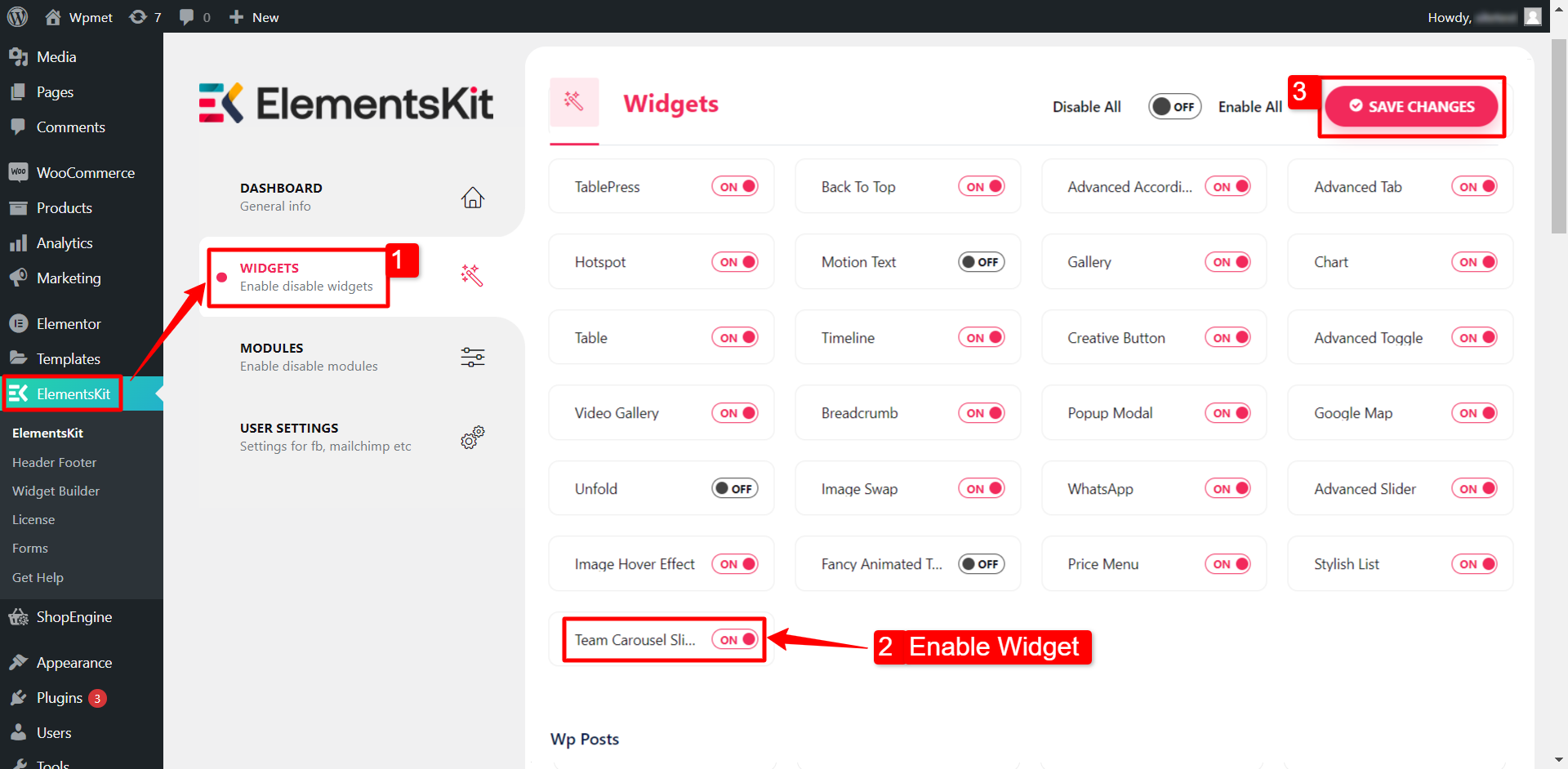 Włącz widżet suwaka karuzeli zespołu