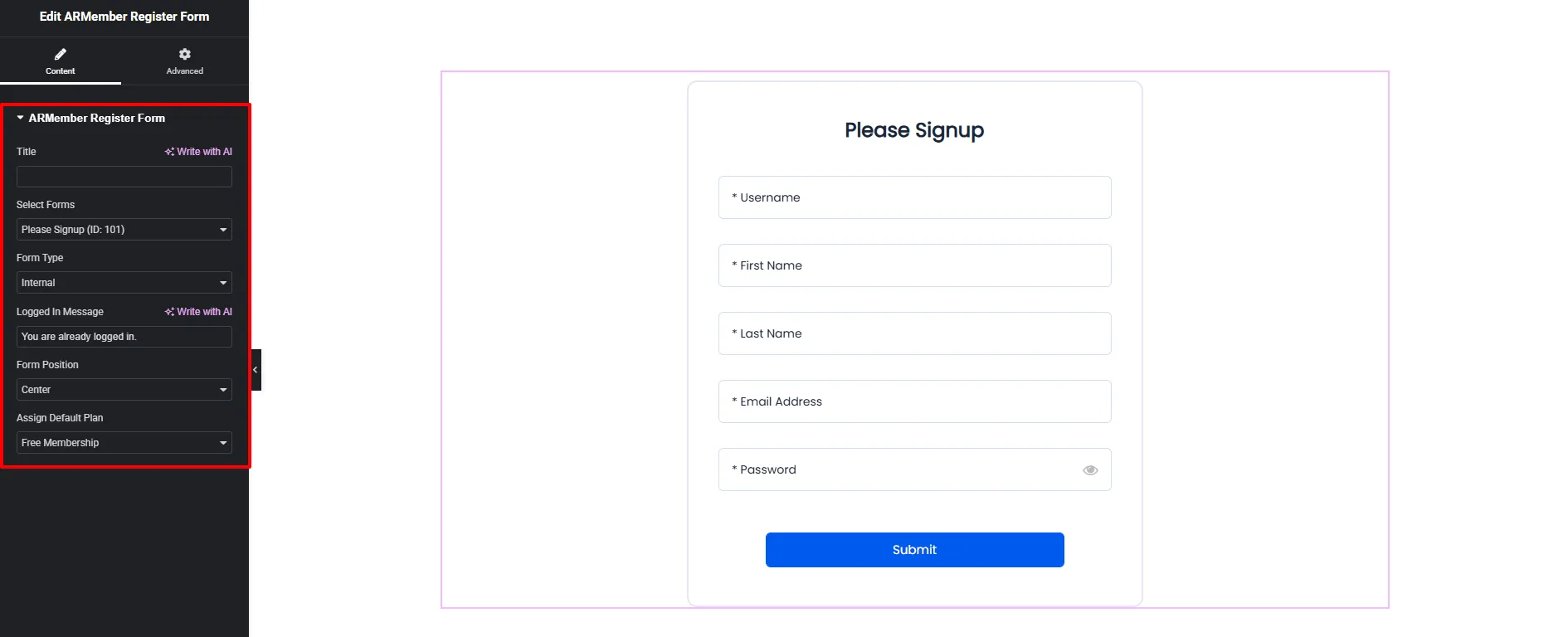 ARMember Edit Register Form Widget on Elementor ARMember Edit Register Form Widget on Elementor