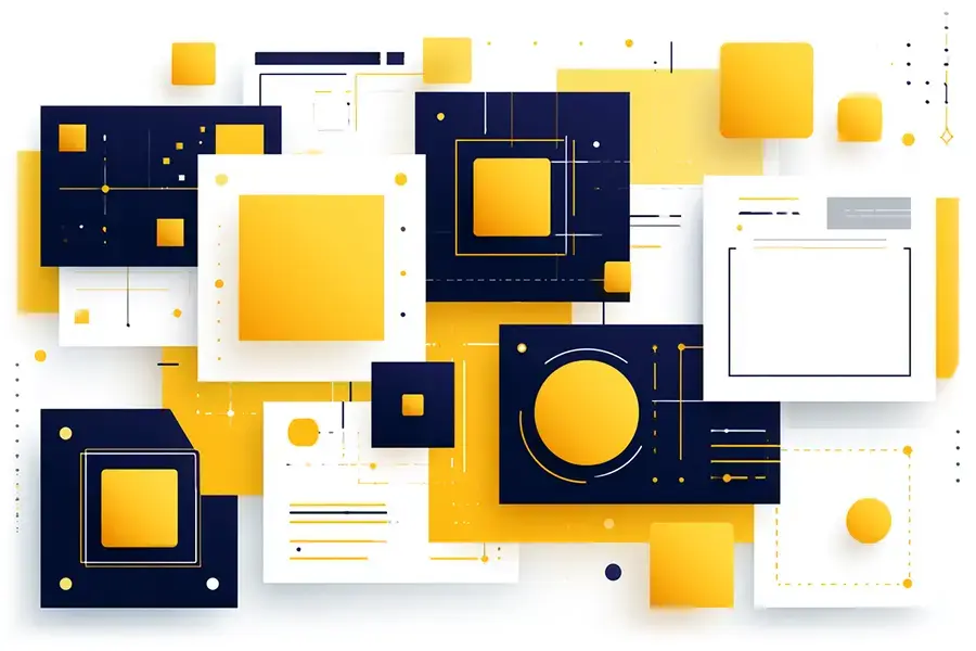 The image is an abstract graphic design featuring a variety of geometric shapes and lines in a color palette of yellow, white, and navy blue.