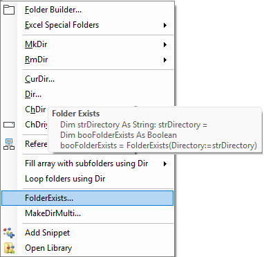 snippets appearing as part of VBA folder menu