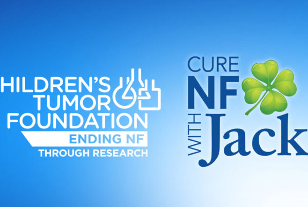 Children's Tumor Foundation logo with the text "Ending NF Through Research" and "Cure NF with Jack" next to a four-leaf clover on a blue background.