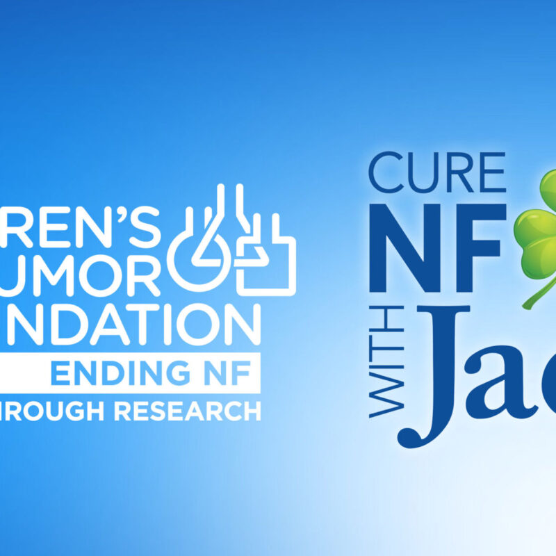 Children's Tumor Foundation logo with the text "Ending NF Through Research" and "Cure NF with Jack" next to a four-leaf clover on a blue background.