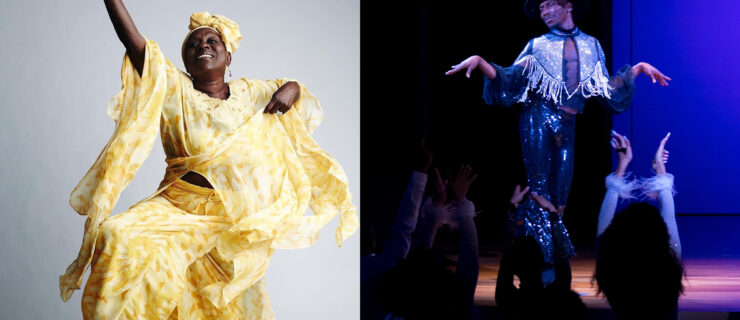 A collage of two photos. On the left, Marie Basse-Wiles, wearing a bright yellow costume and headscarf, is caught mid-movement, her right arm and foot raised, smiling exultantly. On the right, Omari Wiles, wearing a silver and black sequined ensemble and a black fedora, is pictured onstage, looking down majestically at a cheering crowd, with his elbows bent slightly and his hands falling elegantly from his wrists.