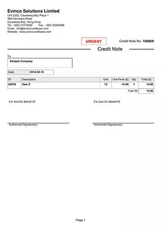 EasyBilling Sample Credit Note