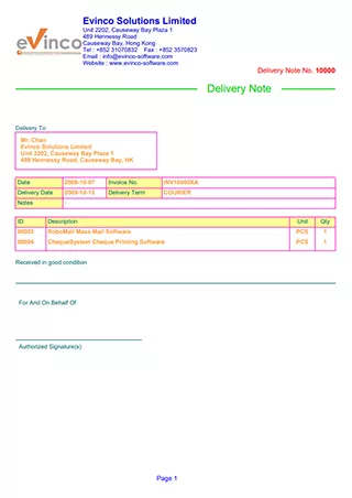 EasyBilling Sample Delivery Note with Color