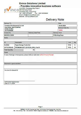 EasyBilling Sample Delivery Note in Table Layout