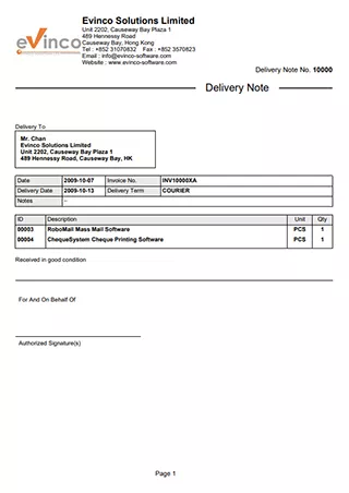 EasyBilling Sample Delivery Note