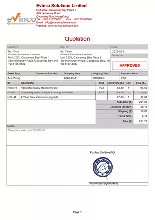 EasyBilling Sample Quotation in Table Layout