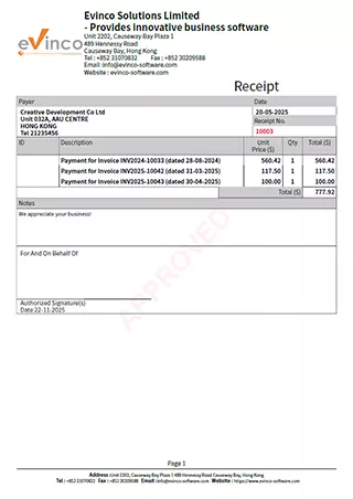 EasyBilling Sample Receipt in Table Layout