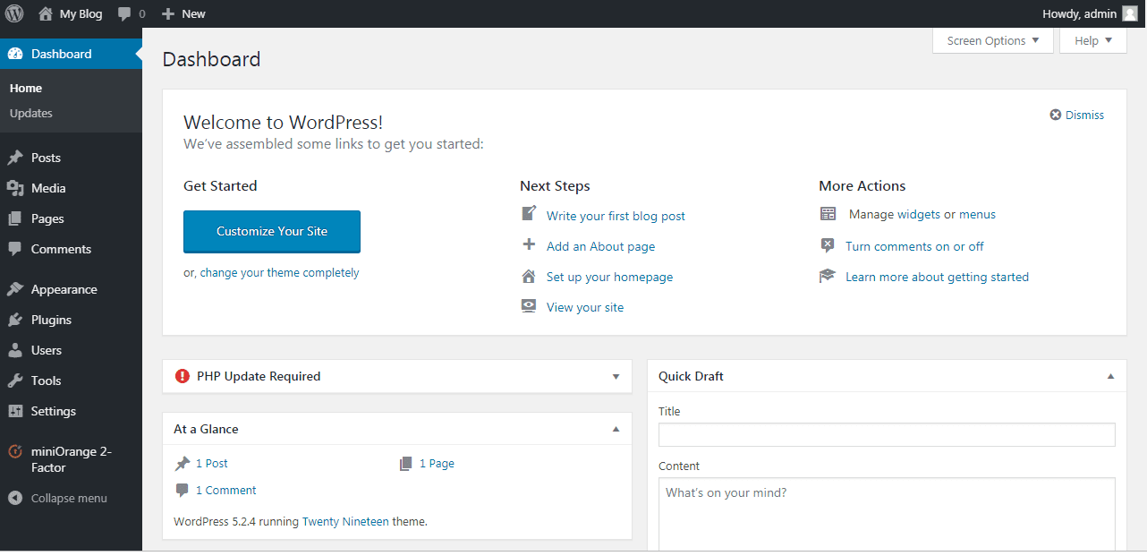 miniOrange google authenticator icon on wordpress admin dashboard