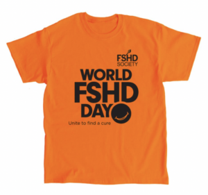 Orange T-shirt with worlds FSHD Society and World FSHD Day printed in black on the front.