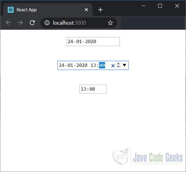 ReactJS DatePicker - Project Output