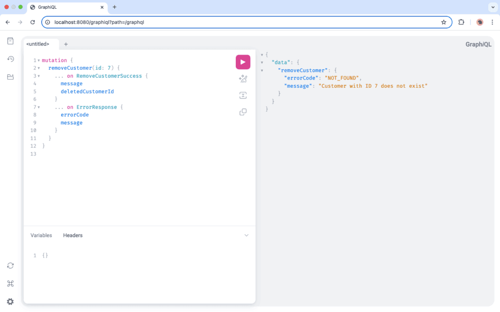 Java GraphQL mutation example returning multiple data types – screenshot showing error output.