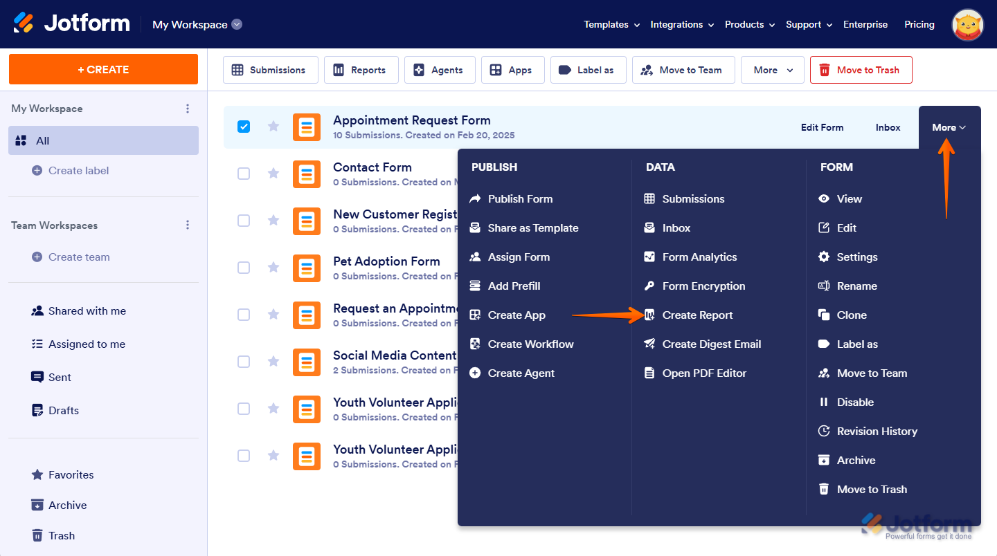 Jotform My Workspace page with the 'More' button on the right side clicked, showing a dropdown menu with 'Create Report' button