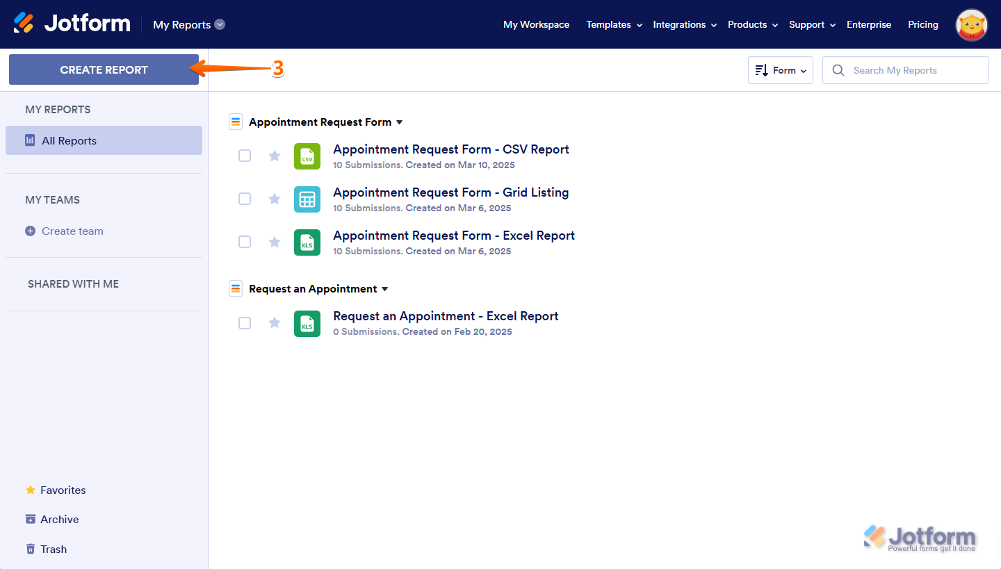 Jotform My Reports page with the 'Create Report' button on the top-left side of the screen