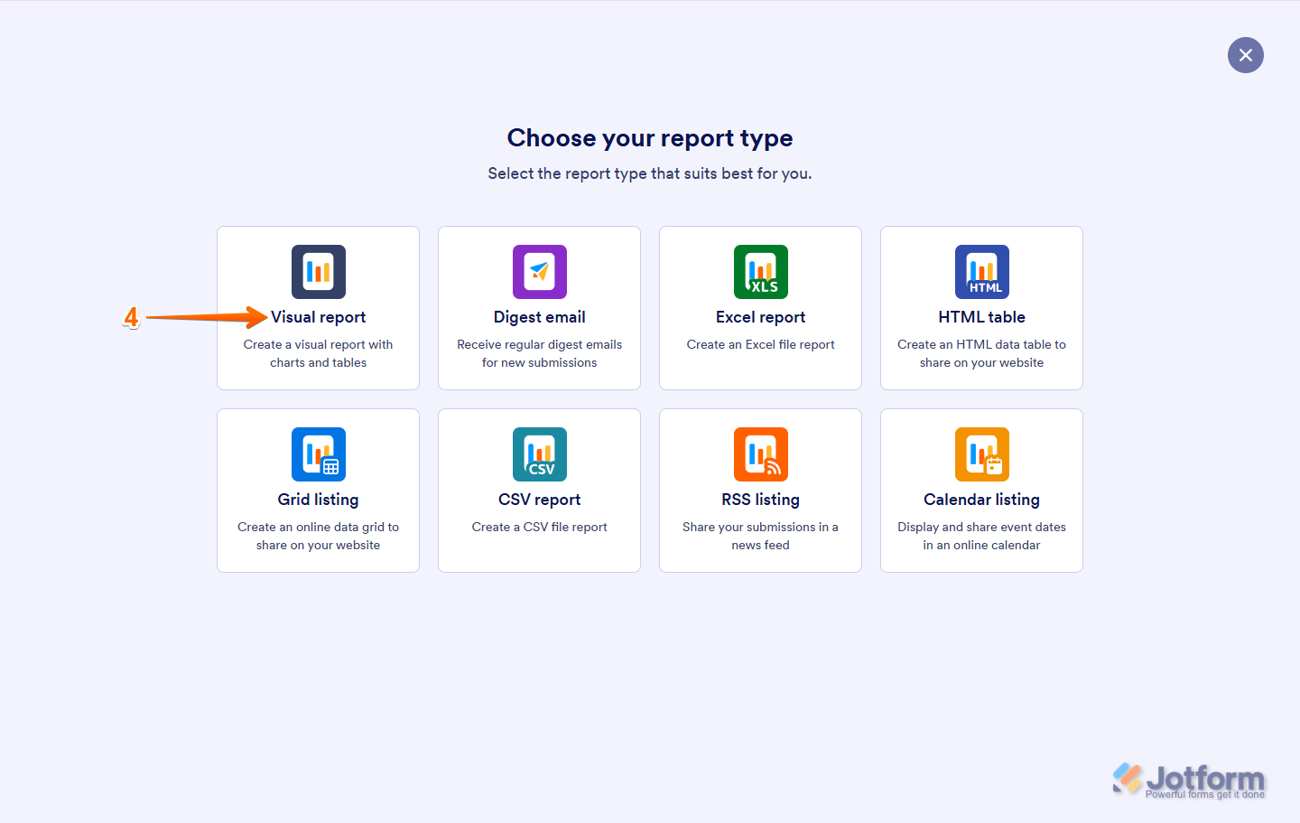 Jotform Create Report page with the 'Visual Report' option