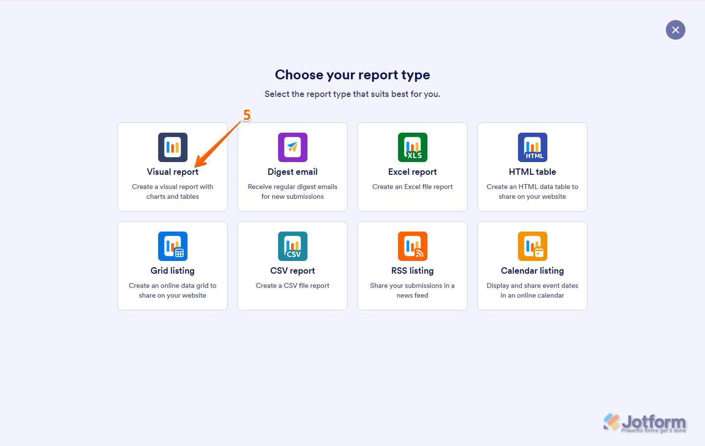Jotform Create Report page with the 'Visual Report' option highlighted