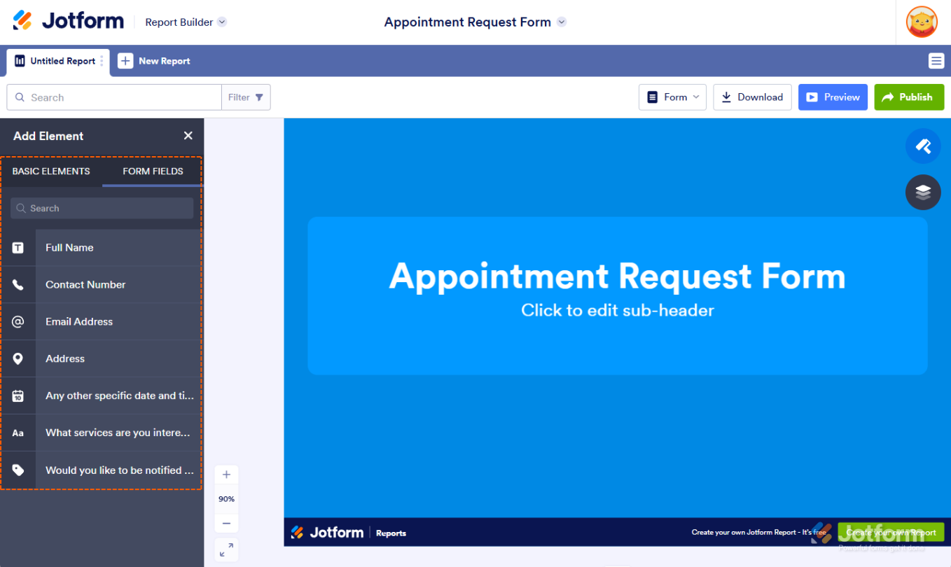Jotform Report Builder with the 'Form Fields' tab open, displaying a list of supported form fields and a search bar for filtering specific fields