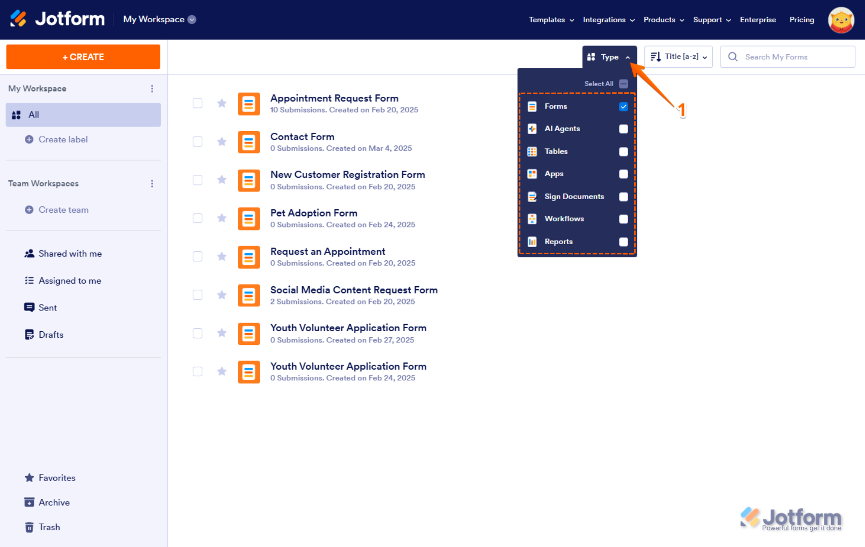 Jotform My Workspace page with the 'Type' dropdown open, showing only 'Forms' selected