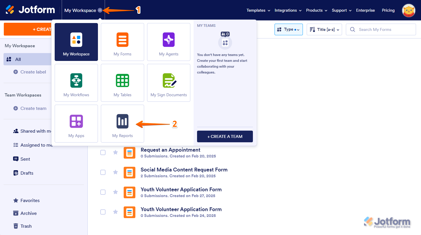 Jotform My Workspace page with the Downward Arrow icon clicked, showing a dropdown menu with 'My Reports' button