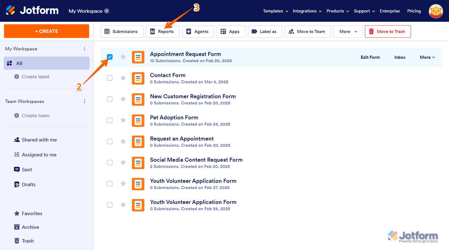 Jotform My Workspace page with a form selected