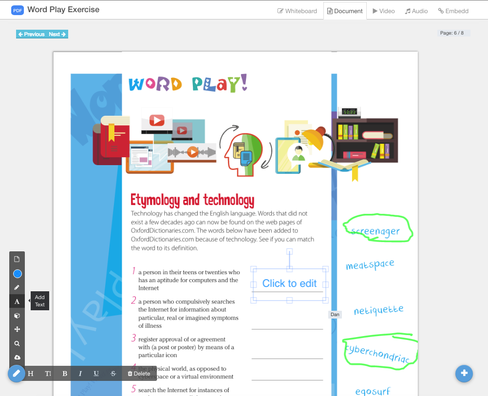Whiteboard API for teaching online