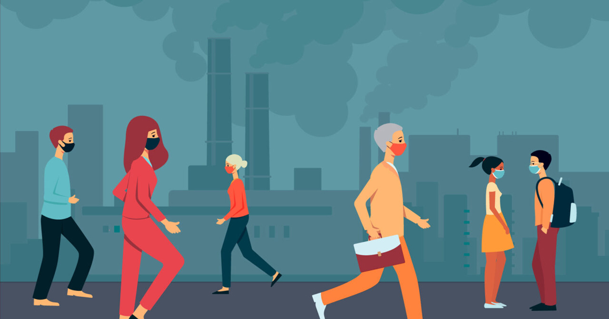 illustration of people wearing masks and smog