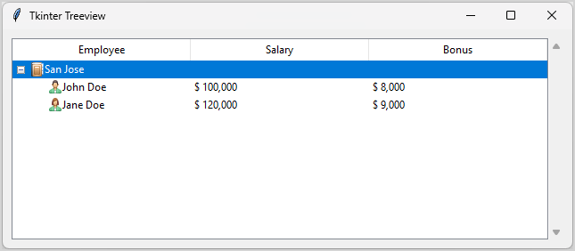 tkinter treeview with a scrollbar