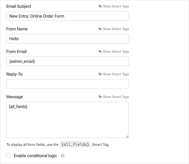 order form notification settings