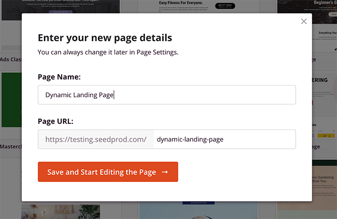 Give your landing page a name and URL