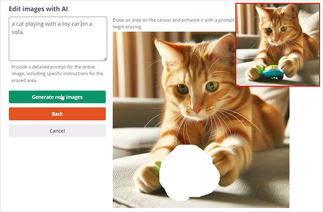 Screenshot der SeedProd AI-Bildbearbeitungsoberfläche mit der Texteingabe "eine Katze, die mit einem Spielzeugauto auf einem Sofa spielt". Das Hauptbild zeigt eine orangefarbene Katze, die in Richtung Kamera blickt, wobei ein Teil des Bildes ausradiert ist, während ein kleinerer Ausschnitt dieselbe Katze mit einem Spielzeugauto zeigt, das in einem roten Kasten hervorgehoben ist, um die Bearbeitung anzuzeigen.