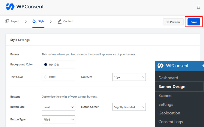 Configure WPConsent cookie banner style settings