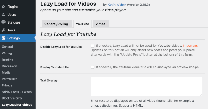 Lazy load for YouTube settings