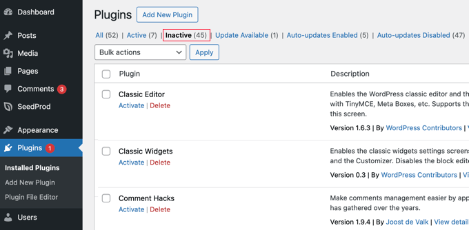 Inactive plugins in WordPress