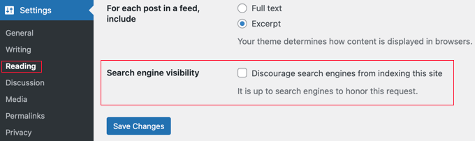 Search engine visibility option in WordPress Settings