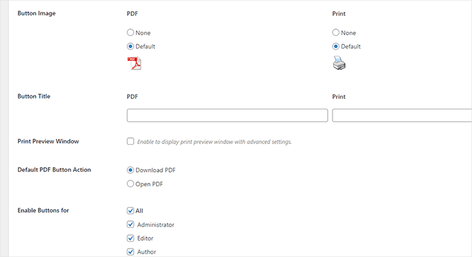 PDF button settings PDF button settings
