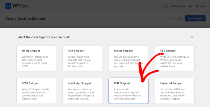 Select the PHP snippet option