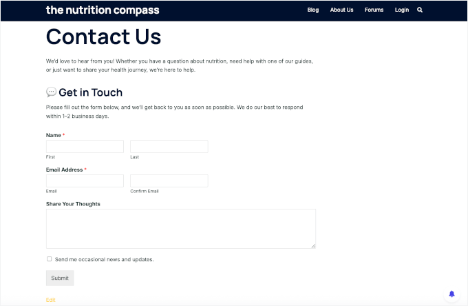 WPForms-Kontaktformular auf einer Live-Website WPForms-Kontaktformular auf einer Live-Website