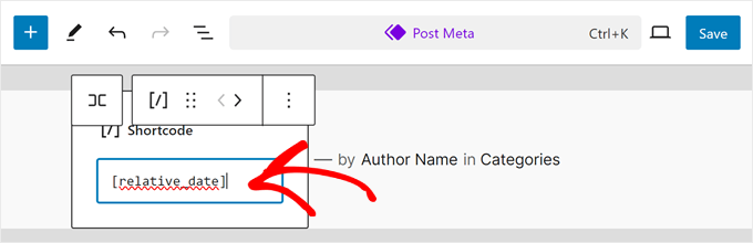 Adding the relative date shortcode in the full site editor