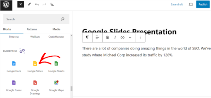 Add EmbedPress Google slides block