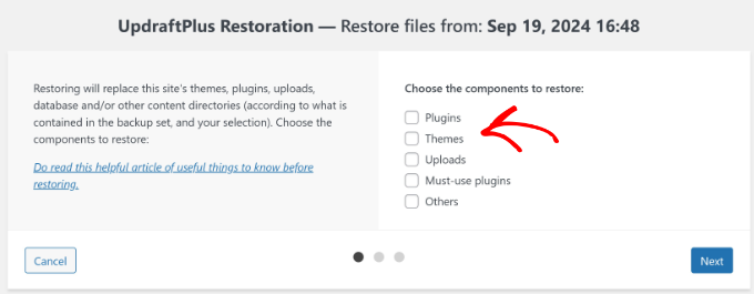 Choose components to restore