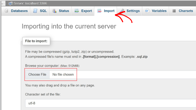 Import database in phpMyAdmin panel