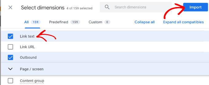 Select dimensions in the report